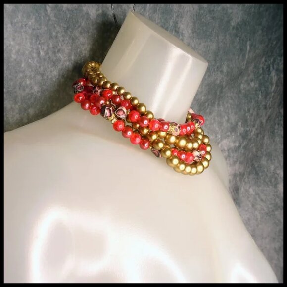 Red Vintage Multi Strand Necklace, Rhinestone Rondelles, Beaded Multistrand - Picture 7 of 14